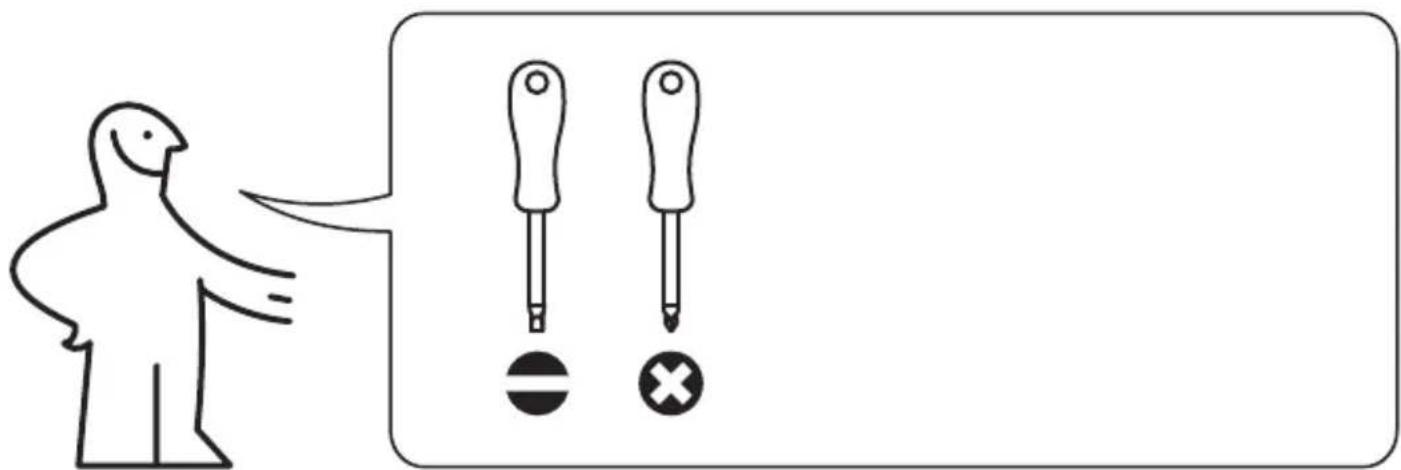 Diagram showing a person pointing to two screwdriver tips with a minus sign and cross symbol, likely illustrating a safety or diagnostic concept.