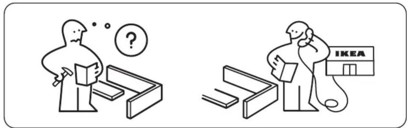 Illustration showing two scenes: one with a person examining a desk and another with a person holding a phone labeled 'IKEA' (Ikea), both thinking with a question mark.