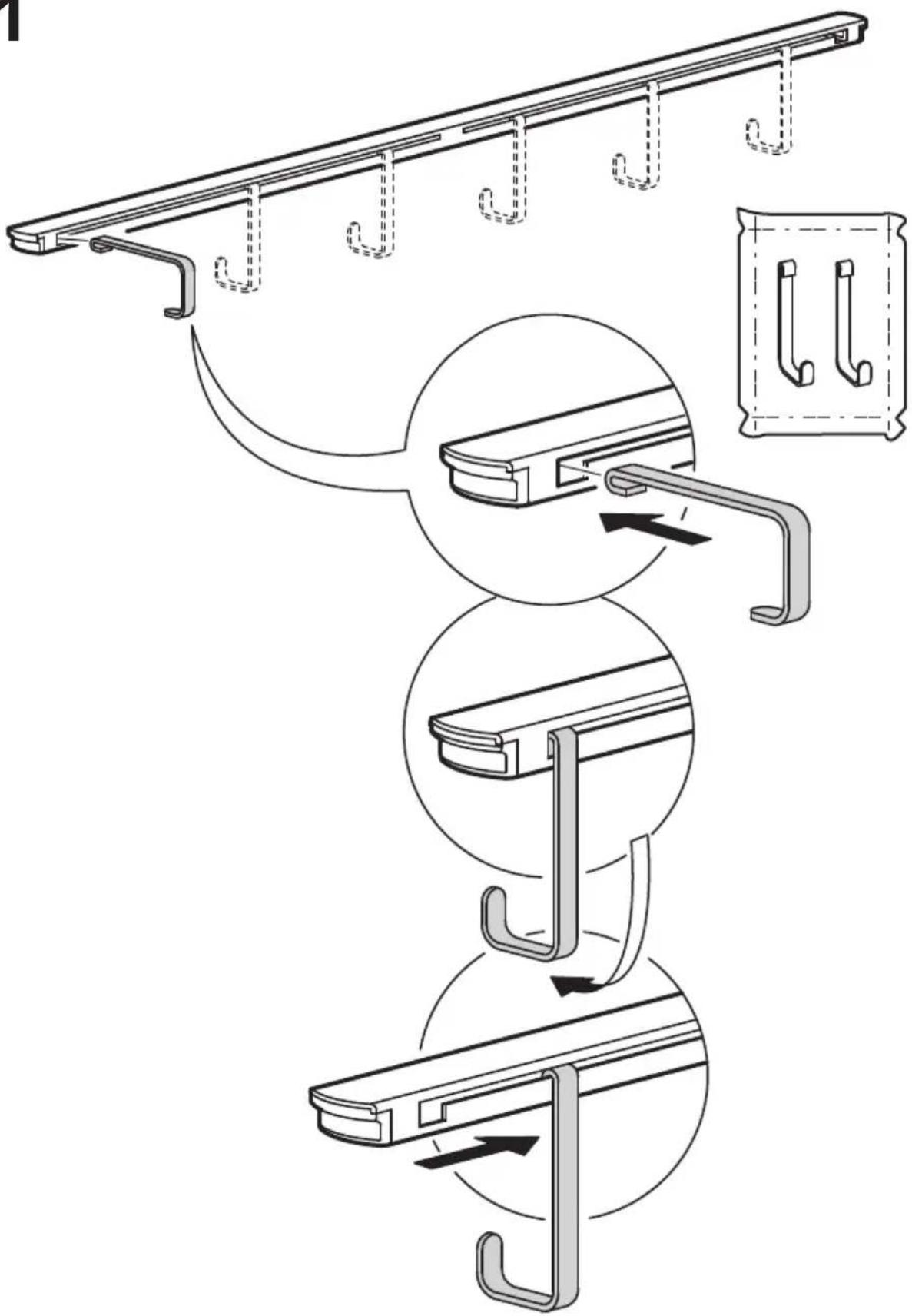 Technical diagram illustrating the assembly of a mechanical clamp or bracket with labeled parts and directional arrows indicating motion.