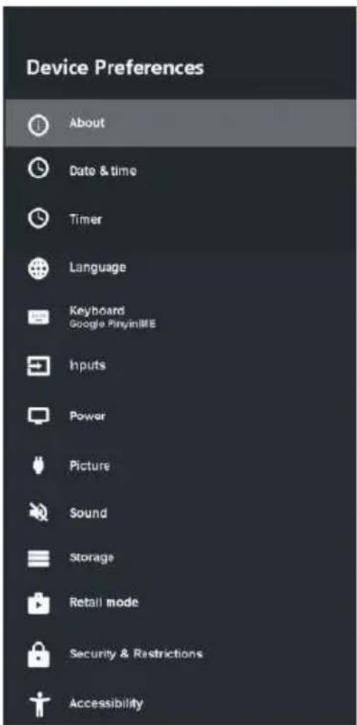 Device Preferences About Date & time Timer Language Keyboard Google Ping/INME Inputs Power Picture Sound Storage Retail mode Security & Restrictions Accessibility