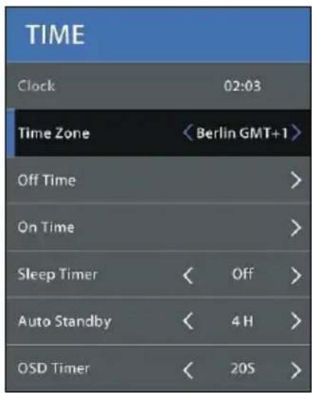 TIME Clock 02:03 Time Zone < Berlin GMT+1 > Off Time > On Time > Sleep Timer < Off > Auto Standby < 4 H > OSD Timer < 20S >