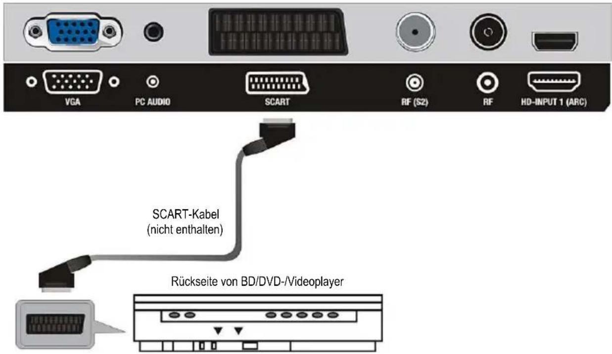 VGA PC AUDIO SCART RF (S2) RF HD-INPUT 1 (ARC) SCART-Kabel (nicht enthalten) Rückseite von BD/DVD-/Videoplayer
