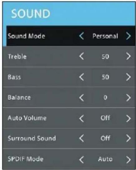 SOUND Sound Mode < Personal > Treble < 50 > Bass < 50 > Balance < 0 > Auto Volume < Off > Surround Sound < Off > SPDIF Mode < Auto >