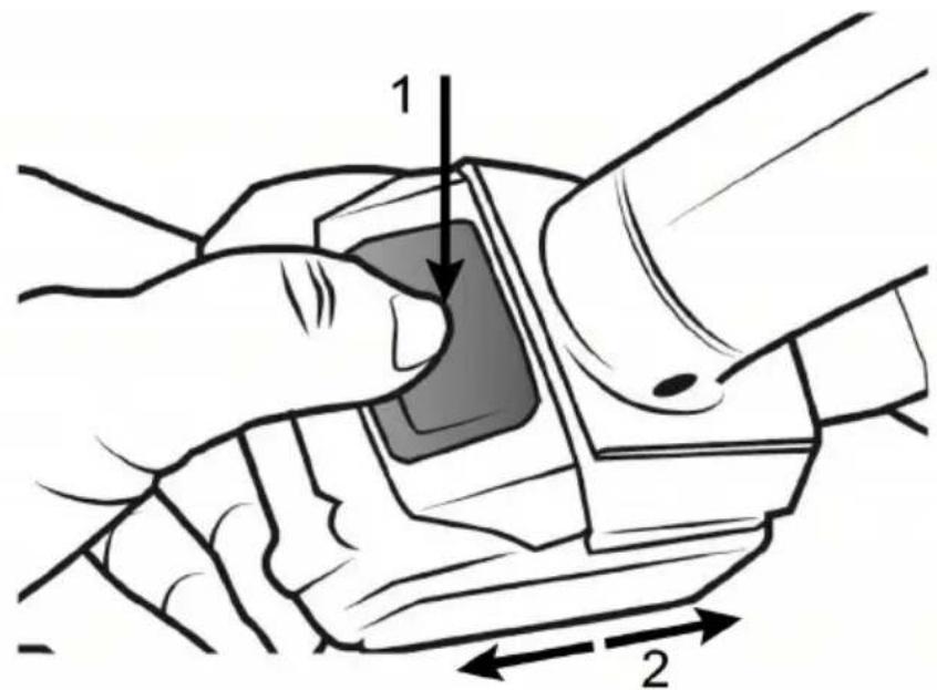 Diagram illustrating a hand holding a device with labeled parts and directional arrows indicating movement or force.