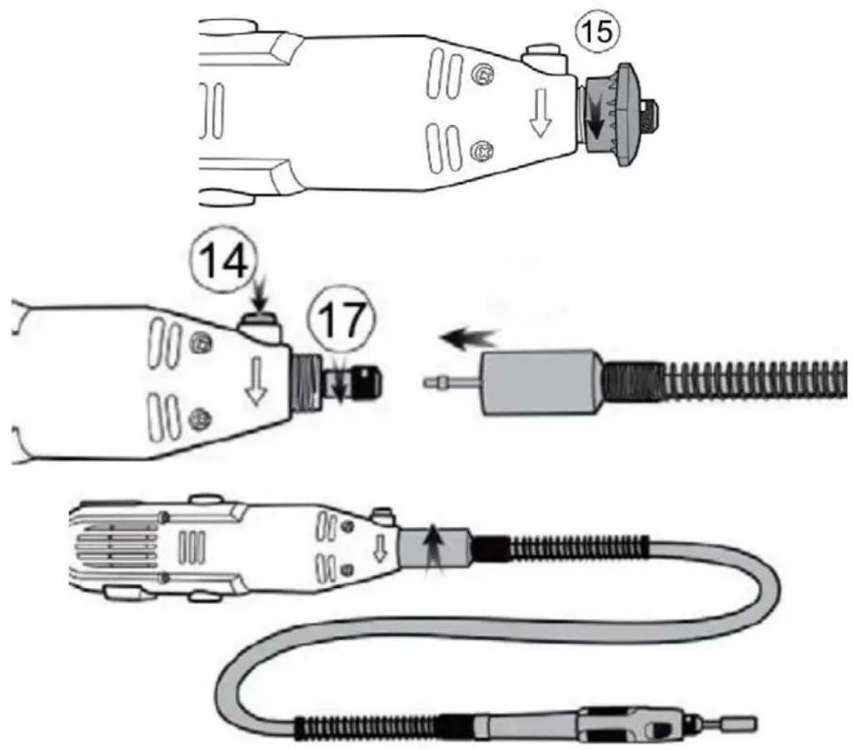 Technical diagram showing exploded and assembled views of a handheld electric shock absorber with numbered parts and component labels.