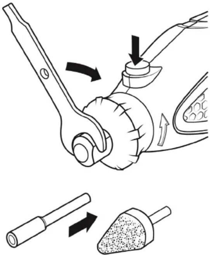 Technical diagram illustrating mechanical assembly steps with labeled components and directional arrows