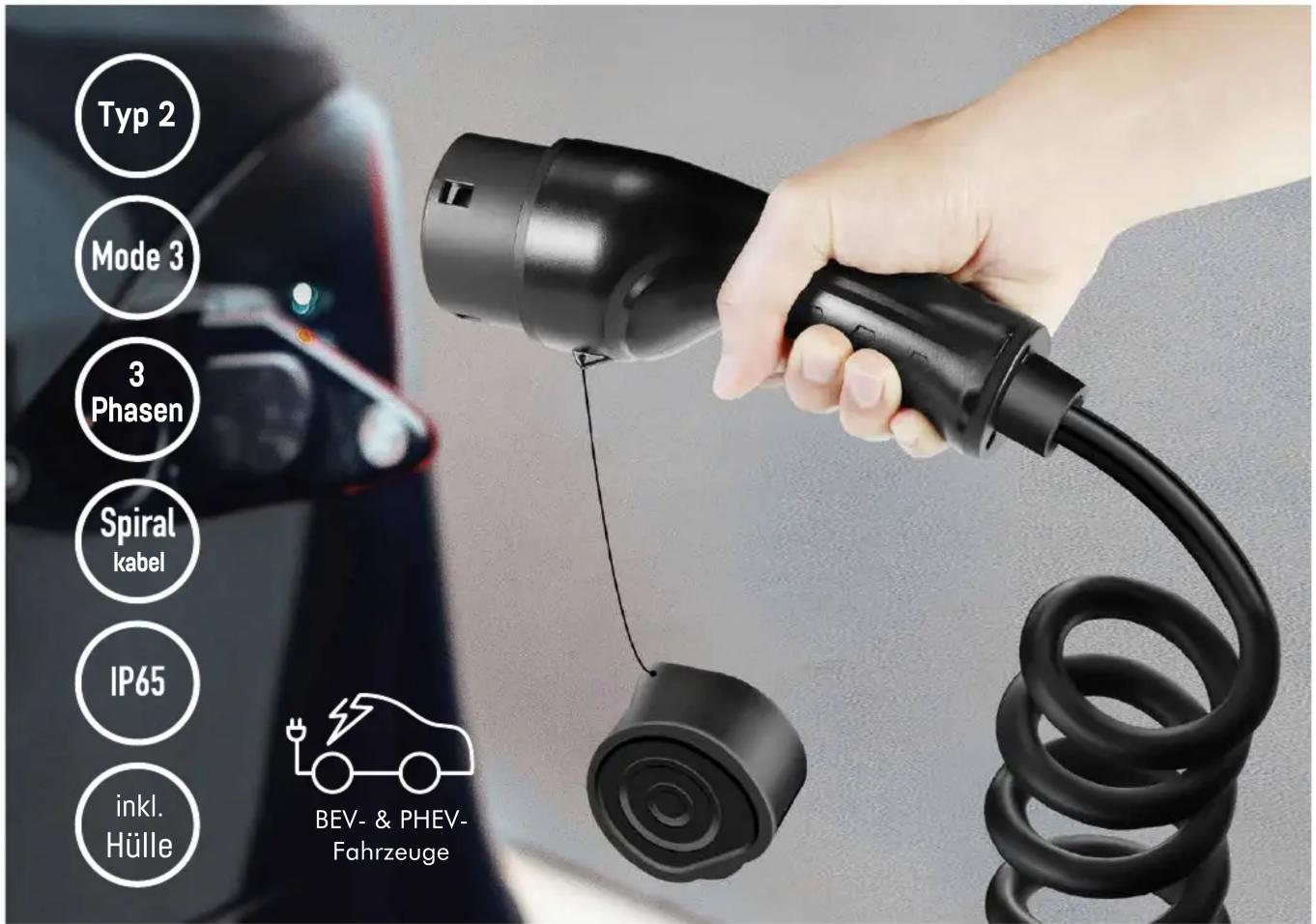 Typ 2 Mode 3 3 Phasen Spiral kabel IP65 inkl. Hülle BEV- & PHEV-Fahrzeuge