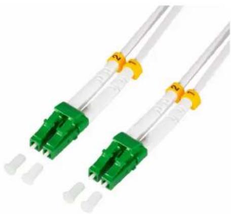Close-up of two green and white fiber optic cables with yellow connectors (no text or symbols visible)