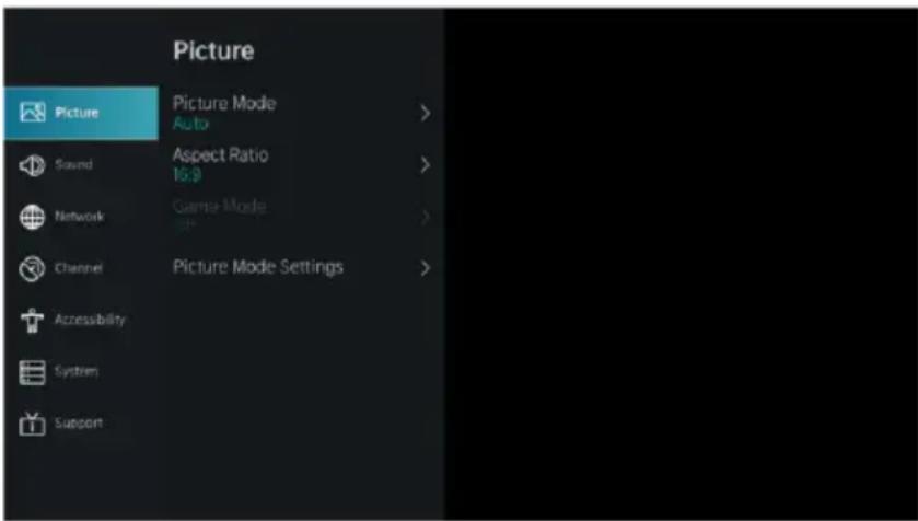 Picture Picture Picture Mode Auto > Sound Aspect Ratio 16.9 > Network Game Mode + Channel Picture Mode Settings > Accessibility System Support