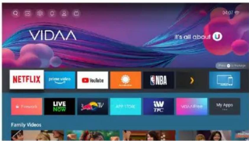 VIDAA 04:07 it's all about U NetFLIX prime video YouTube NBA Family Videos
