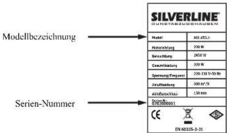 SILVERLINE™ DUNETARZUGSHAUEN Model ASI-2531 Motorleistung 230 W Gewichtung 2854 W Gesamtkeitsung 320 W Spezung/Prezentur 230-330 V-50 lt Anzahlung 590 m³/h Abflückschuss 150 mm Seizins: 07/08/20061 CE EN 60315-2-31