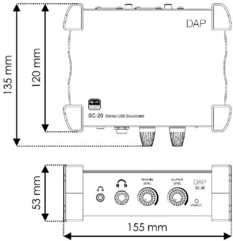 DAP 135 mm 120 mm SC-20 Stereo USB Soundcard 53 mm 155 mm PHONES LEVEL OUTPUT LEVEL DAP SC-20 POWER