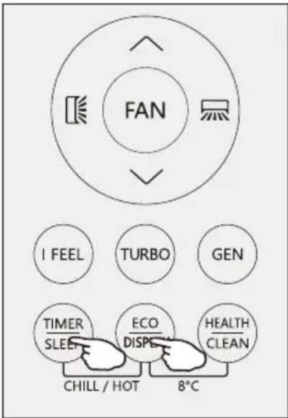 FAN I FEEL TURBO GEN TIMER ECO HEALTH SLEEP DISPE CLEAN CHILL / HOT 8°C