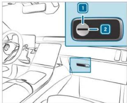 Diagram of a car interior with labeled controls and a control panel, showing directional arrows and a battery icon.