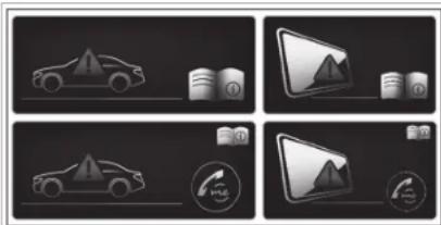 Four grayscale icons representing car safety and data storage, with Chinese labels for warning, storage, phone call, and app.