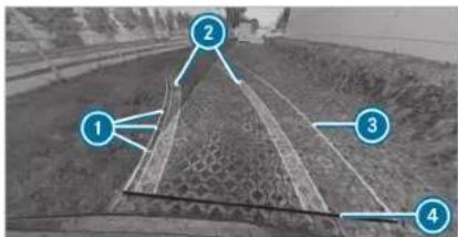 Diagram showing four numbered geometric shapes on a terrain-like surface, likely representing geological or structural components.