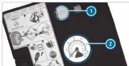 Product catalog page with automotive parts and two labeled gauges (1 and 2) showing brand logos and diagrams.