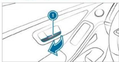 Diagram showing a car interior with a blue arrow indicating clockwise motion and a numbered label '1' pointing to the left side.