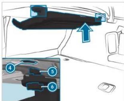 Diagram showing car interior components with numbered labels and directional arrows indicating movement or flow