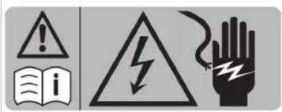 Safety warning symbols including warning triangle, lightning bolt, and hand gesture