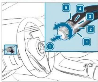 Diagram showing car interior and steering wheel with numbered instructions for valve operation