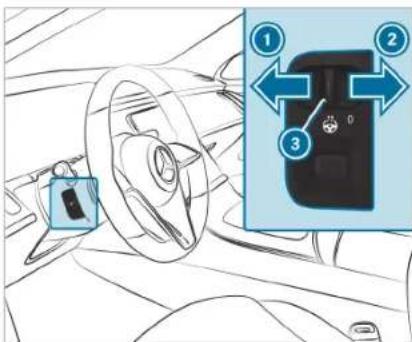 Diagram showing car interior with steering wheel, seatbelt, and directional arrows indicating movement or positioning.