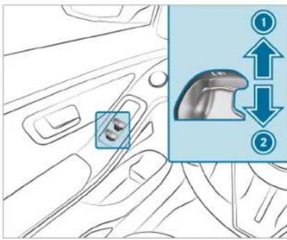 Diagram showing car interior with a car's side panel and a close-up of the dashboard with directional arrows labeled ① and ②.