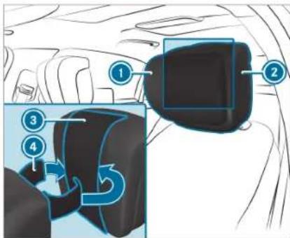 Diagram showing car seatbelt adjustment with numbered parts and directional arrows indicating rotation or movement.