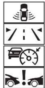 Four black-and-white icons representing traffic signals: car, road, speedometer, and car with warning symbols.