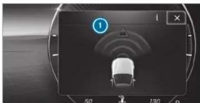 Camera display screen showing a car with signal waves and a numbered callout indicator