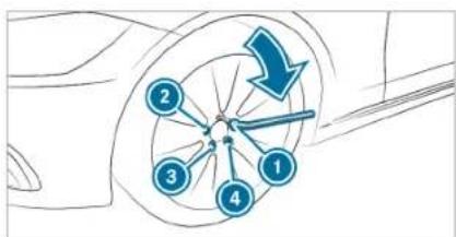 Diagram showing a car wheel with numbered points and directional arrow, likely illustrating a steering or steering system.