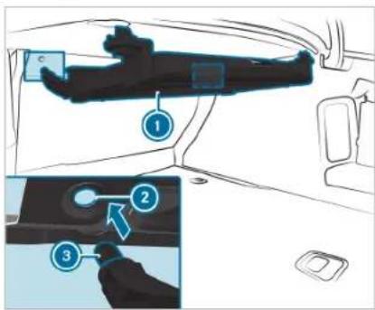 Diagram showing car interior components with numbered parts and a highlighted step, likely for assembly or maintenance instructions.