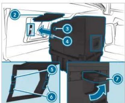 Diagram showing vehicle interior components with numbered labels and directional arrows indicating movement or flow.