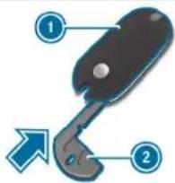 Diagram of a car key with labeled parts and an arrow indicating direction