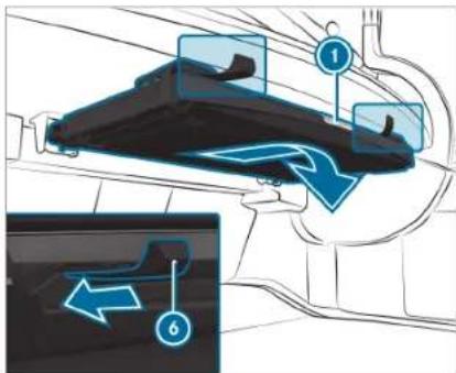 Diagram illustrating vehicle airflow or traffic flow with numbered components and directional arrows, likely for road safety or vehicle maintenance.