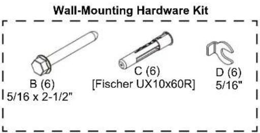 Wall-Mounting Hardware Kit B (6) 5/16 x 2-1/2" C (6) [Fischer UX10x60R] D (6) 5/16"