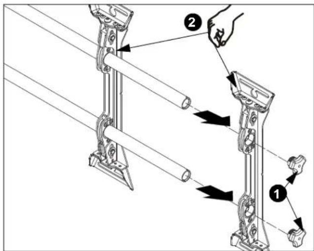 Technical diagram showing two mechanical assembly steps with labeled components and directional arrows indicating motion or movement.