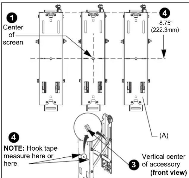 ① Center of screen ④ 8.75" (222.3mm) ③ (a) ④ NOTE: Hook tape measure here or here 3 Vertical center of accessory (front view)