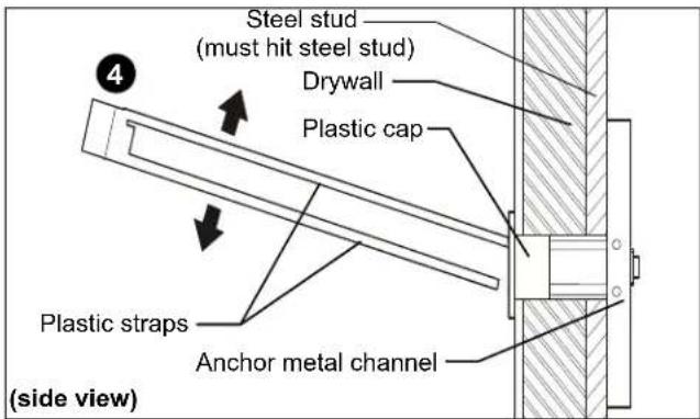 Steel stud (must hit steel stud) Drywall Plastic cap Plastic straps Anchor metal channel (side view)