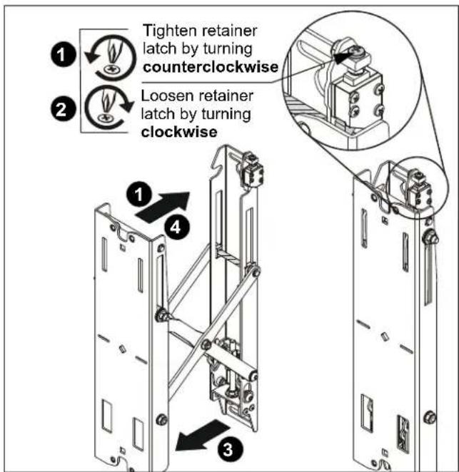 Tighten retainer latch by turning counterclockwise Loosen retainer latch by turning clockwise