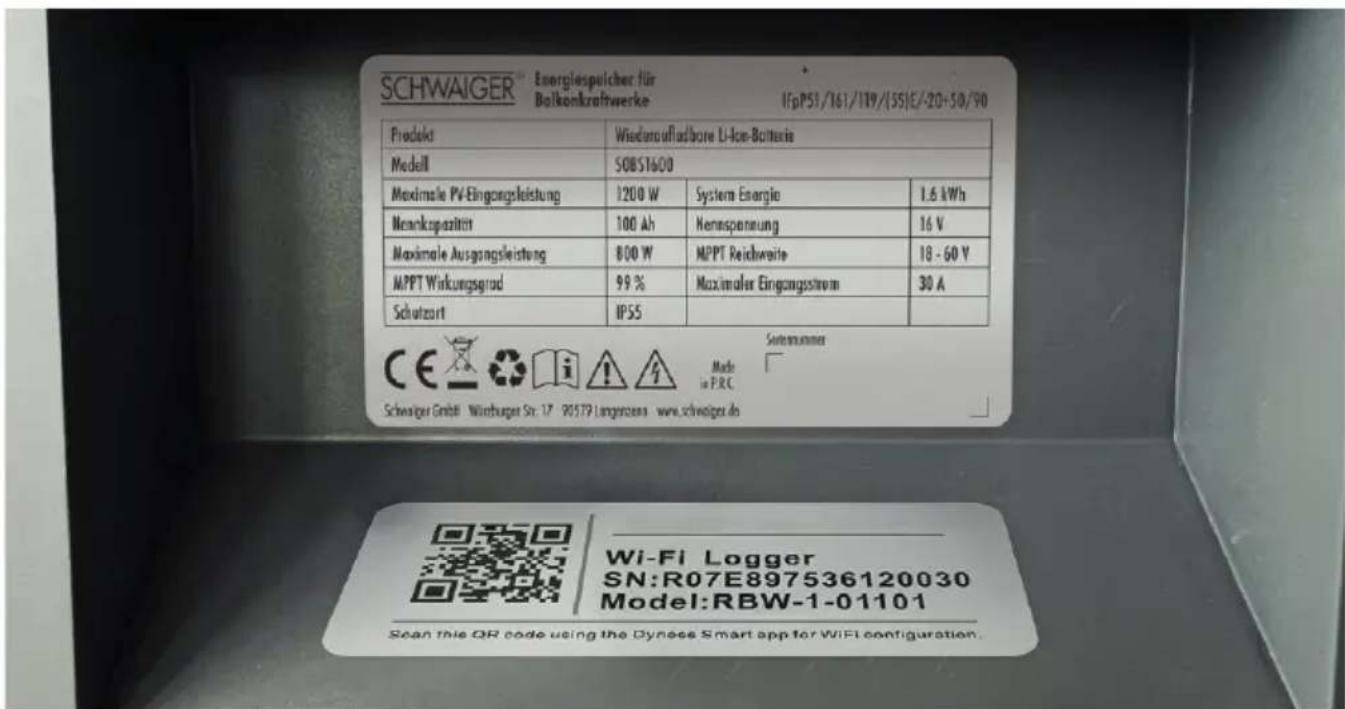 SCHWAIGER Energiespelcher für Balkonkrathwerke IfpP51/161/119/155/E-20-50/90 Produkt Wiedoraufladbare Li-Ion-Borderie Modell SOBS1600 Maximale PV-Eingangsleistung 1200 W System Energie 1.6 kWh Neinkapazität 100 Ah Hemanspannung 16 V Maximale Ausgangsleistung 800 W MPPT Reichwerte 18 - 60 V MPPT Wirkungsgrad 99 % Maximaler Eingangsstrom 30 A Schutzort IPSS Schweiger GmbH Würhugur Str. 17 90579 Langerzern www.schwaiger.de Wi-Fi Logger SN:R07E897536120030 Model:RBW-1-01101 Scan this QR code using the Dynese Smart app for WiFi configuration.