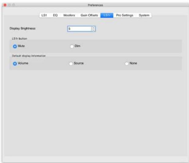 Preferences LS1 EQ Woolers Gain Offsets LS1 Pro Settings System Display Brightness 5 LS1r button Mute Dim Default display information Volume Source None