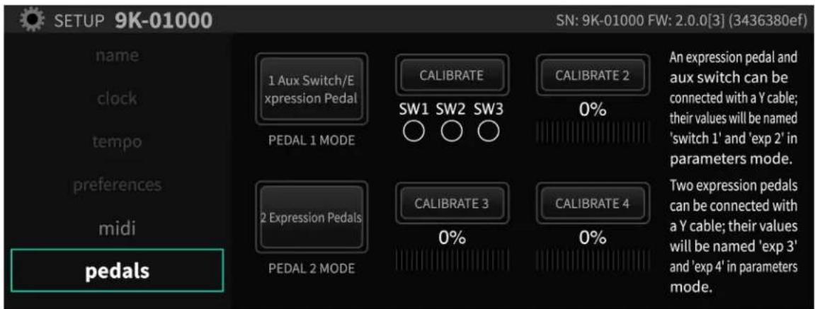 SETUP 9K-01000 SN: 9K-01000 FW: 2.0.0[3] (3436380ef) name clock tempo preferences midi pedals 1 Aux Switch/E xpression Pedal CALIBRATE SW1 SW2 SW3 0% CALIBRATE 2 An expression pedal and aux switch can be connected with a Y cable; their values will be named 'switch 1' and 'exp 2' in parameters mode. 2 Expression Pedals CALIBRATE 3 0% CALIBRATE 4 Two expression pedals can be connected with a Y cable; their values will be named 'exp 3' and 'exp 4' in parameters mode.