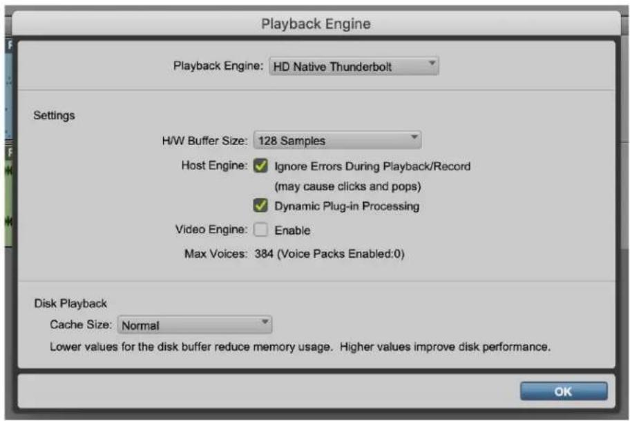 Playback Engine Playback Engine: HD Native Thunderbolt Settings H/W Buffer Size: 128 Samples Host Engine: ✓ Ignore Errors During Playback/Record (may cause clicks and pops) ✓ Dynamic Plug-in Processing Video Engine: □ Enable Max Voices: 384 (Voice Packs Enabled:0) Disk Playback Cache Size: Normal Lower values for the disk buffer reduce memory usage. Higher values improve disk performance. OK