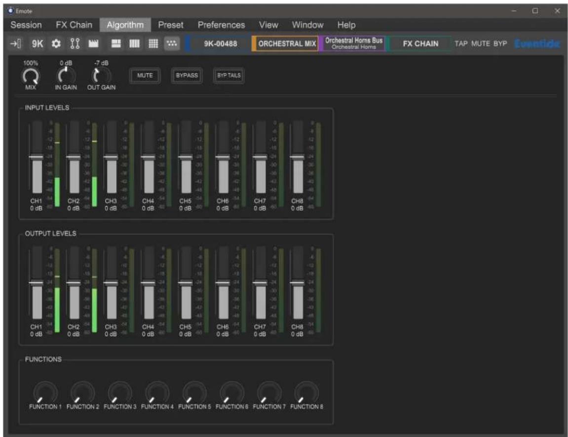 Emote Session FX Chain Algorithm Preset Preferences View Window Help 9K-00488 ORCHESTRAL MIX Orchestral Horns Bus FX CHAIN TAP MUTE BYP Evenfide 100% 0 dB -7 dB MIX IN GAIN OUT GAIN MUTE BYPASS BYP TAILS INPUT LEVELS CH1 CH2 CH3 CH4 CH5 CH6 CH7 CH8 0 dB 0 dB 0 dB 0 dB 0 dB 0 dB 0 dB 0 dB 0 dB OUTPUT LEVELS CH1 CH2 CH3 CH4 CH5 CH6 CH7 CH8 0 dB 0 dB 0 dB 0 dB 0 dB 0 dB 0 dB 0 dB FUNCTIONS FUNCTION 1 FUNCTION 2 FUNCTION 3 FUNCTION 4 FUNCTION 5 FUNCTION 6 FUNCTION 7 FUNCTION 8