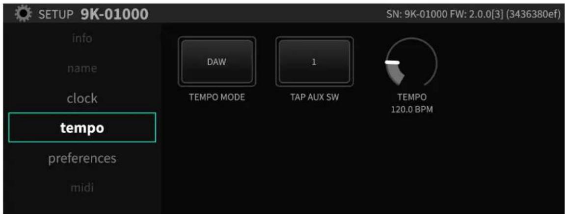 SETUP 9K-01000 info name clock tempo preferences midi DAW TEMPO MODE 1 TAP AUX SW TEMPO 120.0 BPM SN: 9K-01000 FW: 2.0.0[3] (3436380ef)