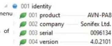 001 identity menu 001 product AVN-PA8 002 company Sonifex Ltd. of 003 serial 0096134 004 version 4.0.2101