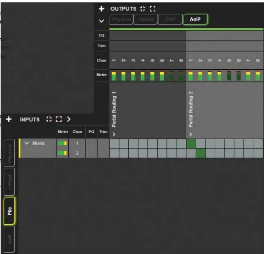 OUTPUTS Physical Virtual DSP AoIP EQ Trim Chan 1 2 3 4 5 6 7 8 1 2 3 4 5 6 7 8 Meter Portal Routing 1 Portal Routing 2 Meter Chan EQ Trim Music 1 2 Portal Routing 2 Physical Virtual File AoIP