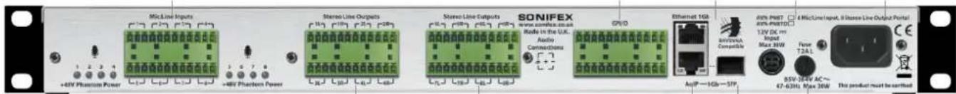MicroLine Inputs +4kV Phantom Power Stereo Line Outputs +4kV Phantom Power Stereo Line Outputs SONIFEX www.com/Kex.com.au Radio In the U.K. Audio Connections GPIO Ethernet 1G AonP—1Gb—5FP Auto PBST AonP—PBSTD 1.2V DC HH Input Max 36W Power TDA L 8.5V-36.4V AC~ 67-63Hz Max 36W This product must be certified