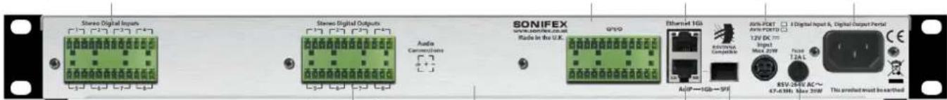 Stereo Digital Inputs Stereo Digital Outputs SONIFEX Audi Communicates Made in the U.K. G750 Ethernet 1Gx AC/IP—IGb—SPV 80% Port 3 Digital Input A, Digital Output Portal 12V DC= Input Max 20W Fuse T2AL RSV-264V AC~ 67-238V Max 20W This product must be certified